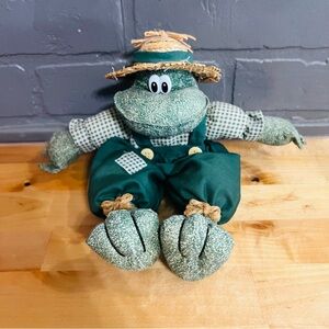 ❄️ 5/$20 Vintage 12” Farmer Frog Shelf Sitter Plush Toy Wood Block Body